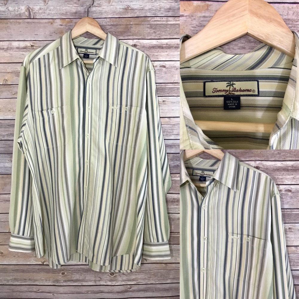 TOMMY BAHAMA Mens Striped Green Yellow  100% Silk Long Sleeve Button Shirt L